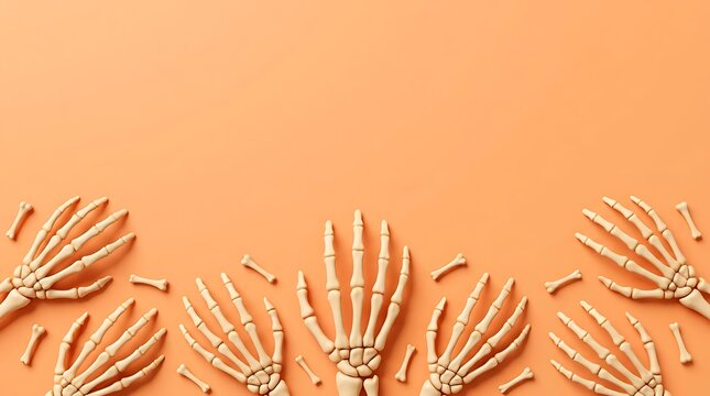 Halloween skeleton hands on orange background with copy space