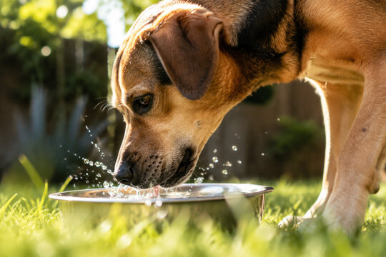 Dog drinking water from metal bowl in backyard, pet hydration and thirst
