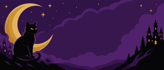 Fototapeta premium Black cat sitting in front of a crescent moon with a spooky castle background.