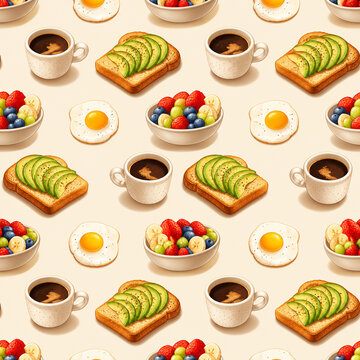 Seamless tropical breakfast pattern in cheerful illustration