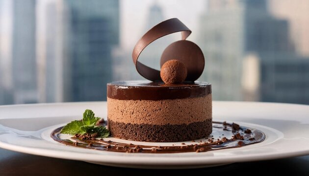 Layered chocolate mousse cake with mirror glaze and chocolate decorations on white plate