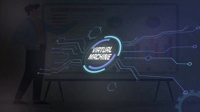 Virtual Machine Operations Displayed on a Futuristic Technology Interface with Digital Systems and Data Graphics.