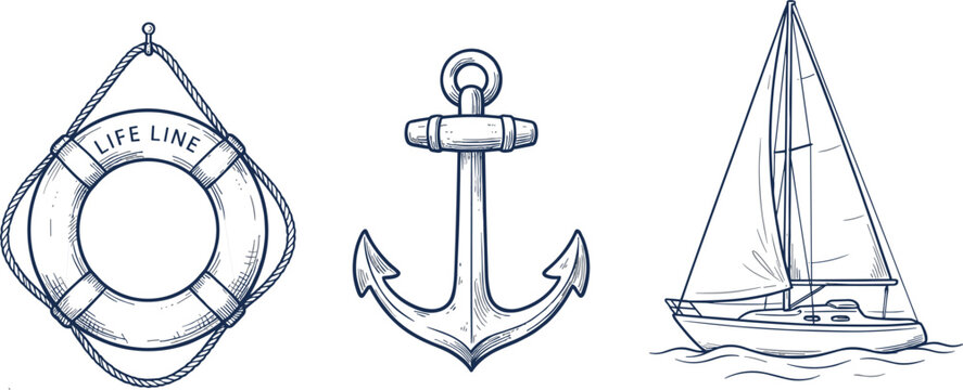  Nautical hand drawn marine sketch icon set with vintage lifebuoy ring metallic anchor and sailboat yacht vecto