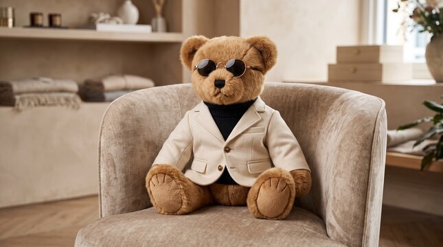 Stylish teddy bear wearing sunglasses and blazer, fashionable plush toy in modern interior, cool stuffed animal on velvet chair