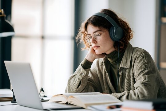 Junger Mann lernt nachdenklich mit Laptop, Kopfh&ouml;rern und offenen B&uuml;chern