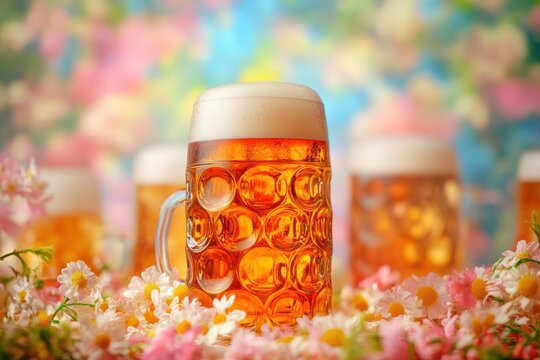 Cold glass of light beer with foam on a color background for an oktoberfest celebration holiday greeting card
