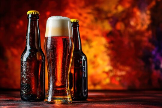 Cold glass bottle of light beer with foam on a color background for an oktoberfest celebration holiday greeting card