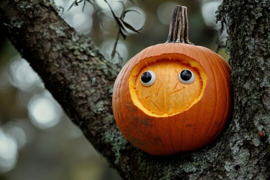 Halloween spooky carved pumpkin jack o lantern hanging on a creepy dark tree branch in a mystical forest