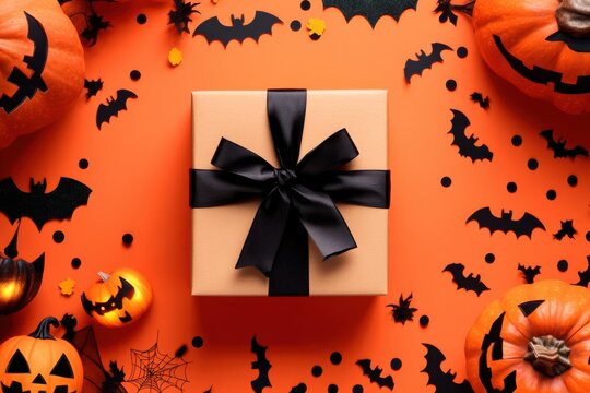 Halloween helloween holiday greeting card with an orange pumpkin, gift box and bats on web background