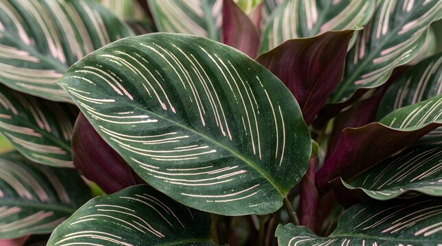 Striped tropical plant leaves with green and white variegation