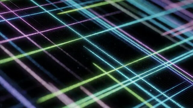 Abstract vibrant glowing grid pattern overlay on dark surface, digital network lines creating a futuristic visual effect, perfect for technology presentations and abstract backgrounds