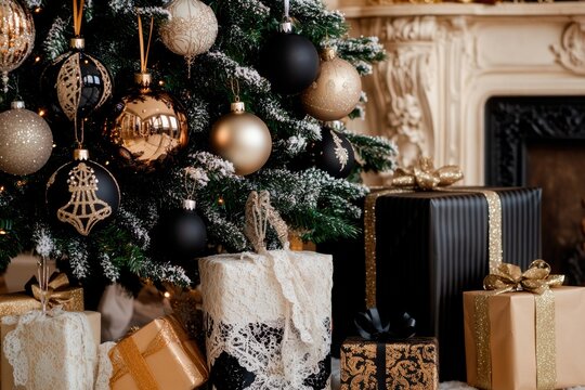 Decorated christmas tree with gift boxes and blank vertical color frame mock up on wall background