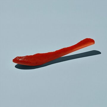 A single sweep of glossy red cranberry sauce on a slate blue surface, featuring a translucent texture and clean shadow for food backgrounds and copy space