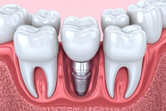 Dental implant inside medical human jaw model with healthy white teeth view