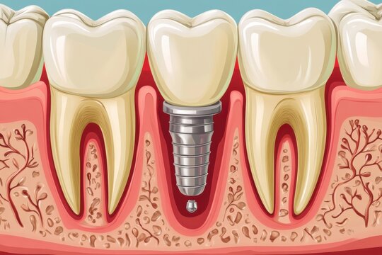 Dental implant inside medical human jaw model with healthy white teeth view