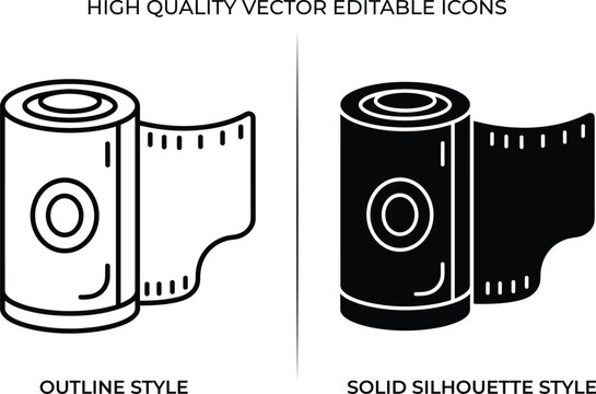 Camera film roll icon set, outline and solid silhouette photography cinema vector design