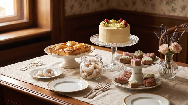 AI-generated vintage afternoon tea setting with elegant pastries, porcelain tableware and warm nostalgic dining atmosphere
