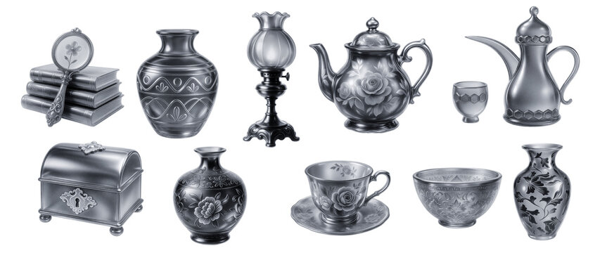 Antique Arabian Silver Objects Vase Teapot Lamp Mirror Chest