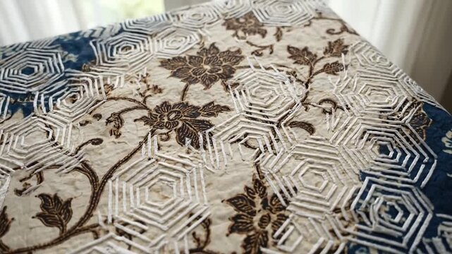 White hexagon geometric embroidery on traditional blue floral batik fabric
