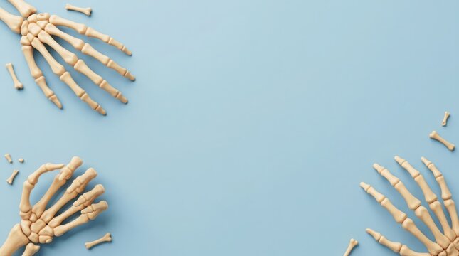 Anatomical skeleton hands with broken finger bones arranged on a soft blue background with copy space
