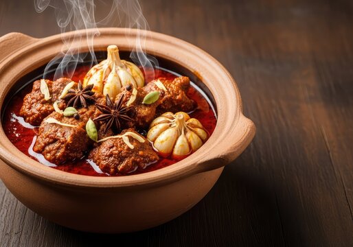Slow cooked mutton curry served in a traditional clay pot with whole garlic bulbs and aromatic oil over a rustic dark wooden surface, slow cooked, curry, food