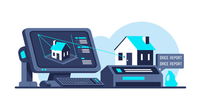 Real Estate Technology Illustration with 3D House Modeling, Digital Twin, and Financial Data Report