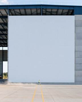 Large white safety sign panel standing as a monolith in an empty warehouse, featuring a person in hi-vis walking a yellow lane, mockup for EHS banners