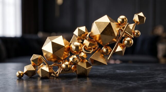 Geometric gold shapes arranged in a cluster sit on a dark textured surface within a modern interior room.