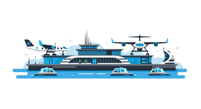 Futuristic Seaplane and VTOL Transport Hub on Water Flat Illustration