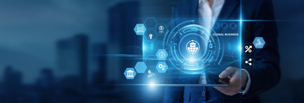 Businessman Hand Holding Digital Tablet to Analyze Global Business Data and International Trade, Worldwide Market, Cross Border Strategy, Global Expansion, Corporate Network, Import Export