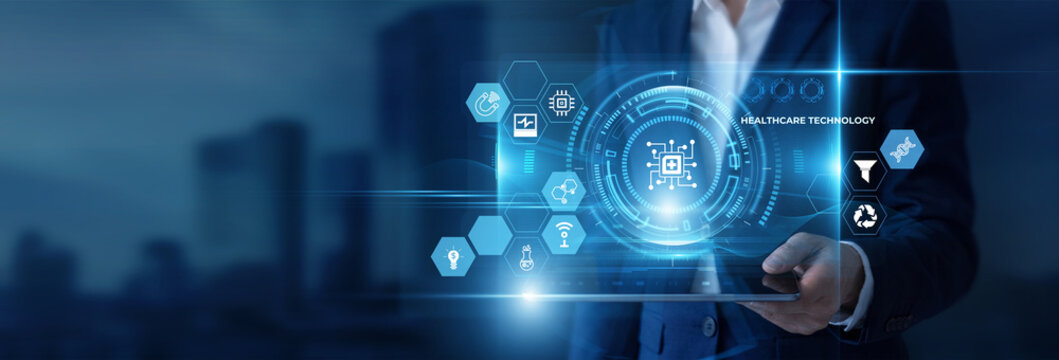 Businessman Hand Holding Digital Tablet to Analyze Healthcare Technology Data and Medical Innovation, Telemedicine, Digital Diagnostics, Patient Care Management, Hospital Automation, Biotech System