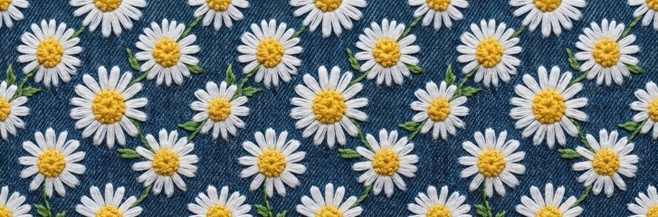 Obraz premium Embroidered Daisy Pattern on Denim Fabric
