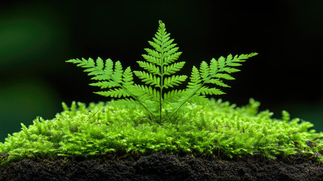 Vibrant green fern frond emerging from lush mossy ground, macro shot, nature's delicate beauty, forest floor, soft focus background