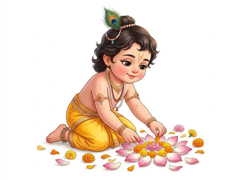 Little Krishna Kneeling Among Colorful Flower Petals in Traditional Attire