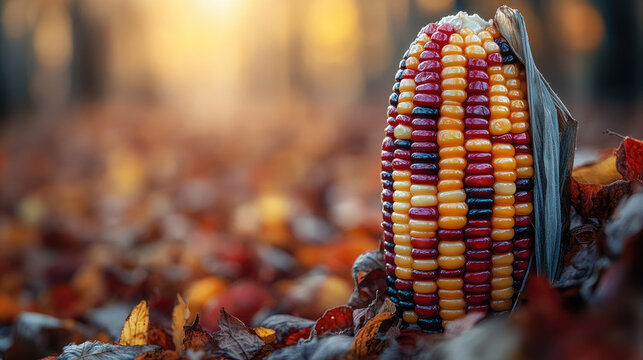 Vibrant Indian Corn Cob Amongst Autumn Leaves, Fall Harvest Season