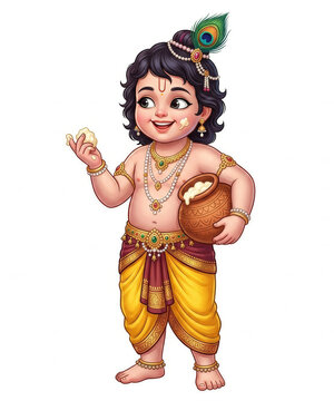 Little Krishna Holding a Butter Pot With Raised Hand in Traditional Yellow Dhoti