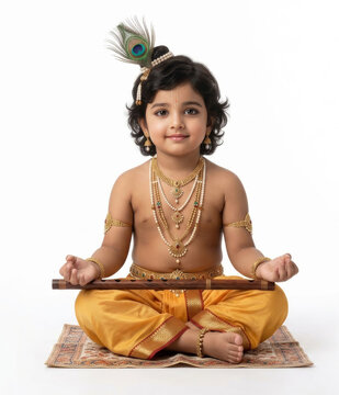 Little Krishna Child Sitting in a Meditative Pose on a Traditional Woven Mat