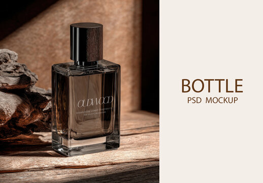 Luxury Perfume Bottle Mockup PSD On Rustic Wood