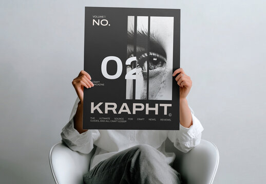 Male Holding Magazine Poster Mockup PSD With Monochrome Eye Design