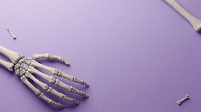 Skeletal hand and bones arranged on a pastel purple surface with soft light