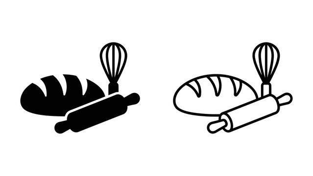 Baking Essentials: A classic depiction of baking tools including a loaf of bread, a rolling pin, and a whisk, presented in both solid black and outline styles.
