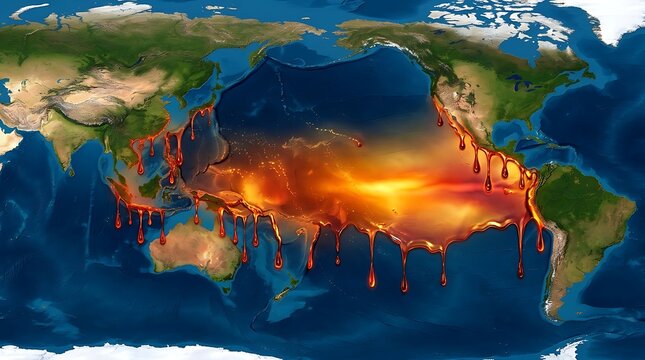 Conceptual world map showing global ocean warming and climate change with glowing molten heat melting across the pacific ring of fire for environmental awareness.