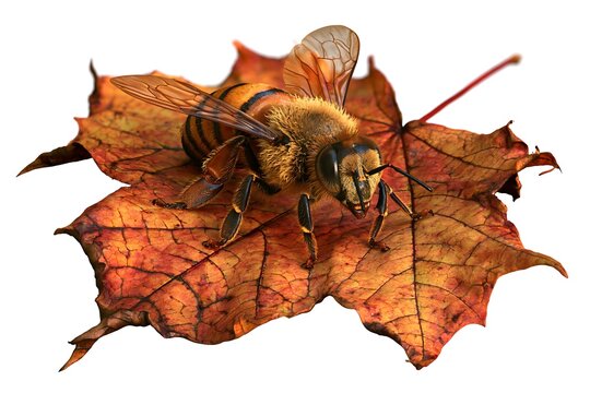 A detailed honeybee resting on a vibrant autumn maple leaf isolated on white background
