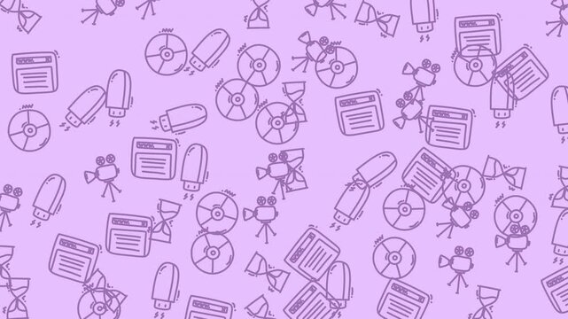 Purple background pattern of movierelated icons suitable for film studio branding, event promotion, or multimedia design projects with a retro feel.