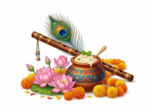Krishna Butter Pot With Flute, Peacock Feather, Lotus Flowers and Marigold Decoration