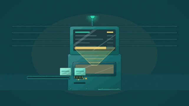 Abstract animated items scanned through a self checkout drawn as cyan and teal lines and shapes on a deep dark background. Seamless looping 4K motion graphics video with free space for text, ideal for