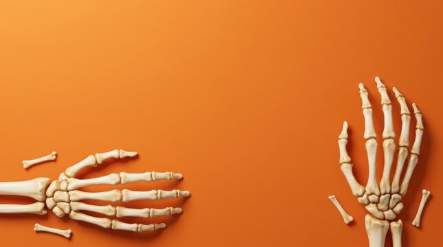 Skeleton hands with scattered bones against a vibrant orange background during Halloween