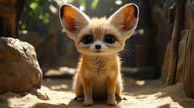 Adorable Fennec Fox Cub with Huge Ears Sitting on Sand in Desert Habitat, Cute Desert Animal Wildlife Photography