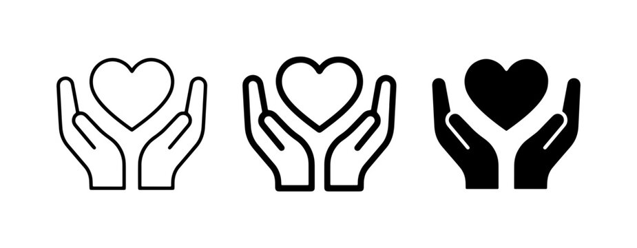 Hands Holding Heart Icons, Love Care Symbol Set, Kindness Charity Vector Graphics