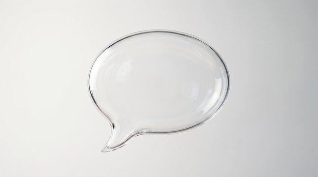 Speech bubble made of clear glass floats against a neutral gray background providing ample copy space.